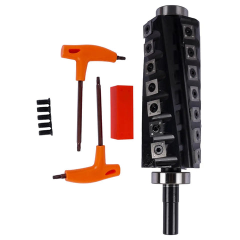Badass Six Inch Spiral Cutter Head Replacement For Professional Jointer Work With Four Row Twenty Eight Carbide Inserts, spare blades, and tools.