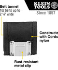 Front view of Heavy Duty Nylon Tape Measure Holder with rust-resistant clip and belt tunnel for 2.25 inch belts, black Cordura.