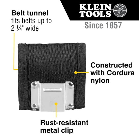 Front view of Heavy Duty Nylon Tape Measure Holder with rust-resistant clip and belt tunnel for 2.25 inch belts, black Cordura.