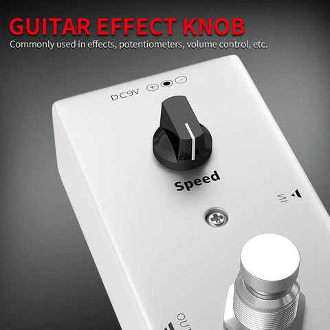 Close-up of guitar effect pedal with black 1510-style knob, featuring 'Speed' label, highlighting Guitar Pedal Knobs 6.35mm Potentiometer Knobs With Set Screw For Electric Guitars One Quarter Inch 1510 Style Black ABS Pack Of 12 Includes Wrench For Easy Setup
