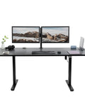 Vivo Black Height Adjustable Standing Desk 71x30 Inch Electric Sit Stand Workstation With Spacious Triple Monitor Riser Tray Ergonomic Home Office Computer Table Smooth Motion Lift For Productivity And Comfort, featuring dual monitors and decorative plant.