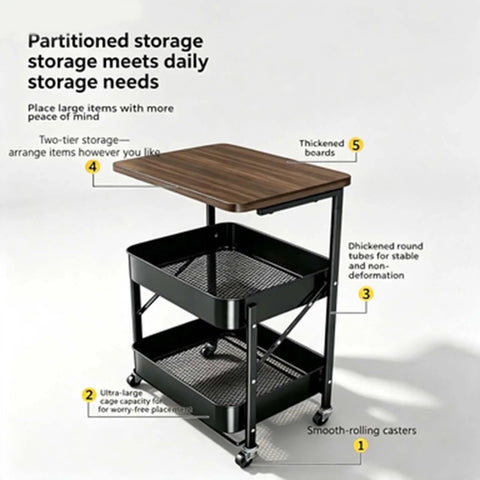 Versatile 2 Tier Rolling Utility Cart With Solid Wood Top And Reinforced Steel Mesh Basket Hella Sturdy Storage Trolley Smooth Glide, 29.13x11.6x17.72 inches.