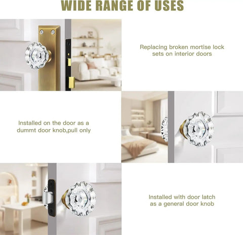 Crystal Glass Door Knob Replacement Set For Mortise Lock With Brass Finish Base installed on various interior doors.