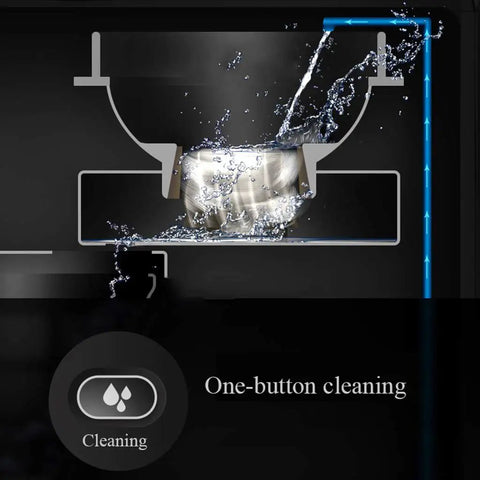 Smooth Operator Bean To Cup Coffee Maker With Built In Grinder Stainless Steel showing one-button cleaning feature with water flow.
