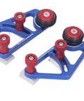 High Grade Woodworking Bearing Roller Feeder Pair Aluminum Alloy Table Saw Feeding Guide with red and blue components for precision cutting.