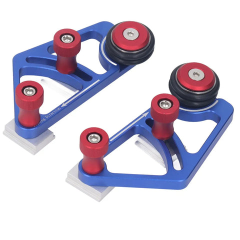 High Grade Woodworking Bearing Roller Feeder Pair Aluminum Alloy Table Saw Feeding Guide with red and blue components for precision cutting.