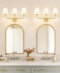 Top Tier Three Light Brushed Gold Vanity Lights With Flared White Fabric Shades Smooth Bathroom Mirror Fixture And Modern Wall Sconces For Bedroom Hallway Decor Upgrade above double sink with mirrors.