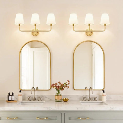 Top Tier Three Light Brushed Gold Vanity Lights With Flared White Fabric Shades Smooth Bathroom Mirror Fixture And Modern Wall Sconces For Bedroom Hallway Decor Upgrade above double sink with mirrors.