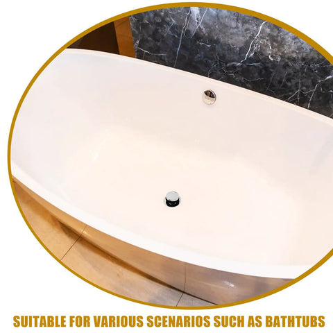 Universal Bathtub Drain Stopper Press Plug with Copper Core installed in a modern white bathtub, showing sleek design and functionality.