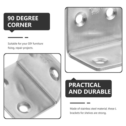 Close-up of 10 Pack 304 Stainless Steel L Brackets Corner Braces for Wood and Metal, 90 Degree Shelf Supports with text descriptions.