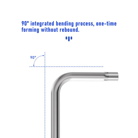 Close-up view of the Four Piece T10 Long Tamper Proof Torx Hex Key Set with 90-degree bend, nickel plated CRV steel design.