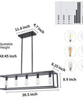 Diagram showing Farmhouse Rectangle Chandelier With Adjustable Height Matte Black 5 Light Industrial Pendant Lighting dimensions.