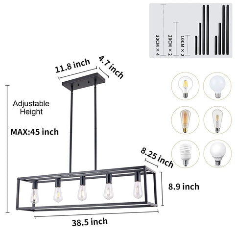 Diagram showing Farmhouse Rectangle Chandelier With Adjustable Height Matte Black 5 Light Industrial Pendant Lighting dimensions.