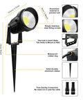 Diagram of Totally Lit Ultra Bright Low Voltage Outdoor LED Landscape Lights with connectors, highlighting features like aluminum stakes and waterproofing.