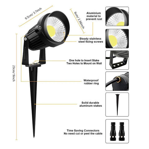 Diagram of Totally Lit Ultra Bright Low Voltage Outdoor LED Landscape Lights with connectors, highlighting features like aluminum stakes and waterproofing.