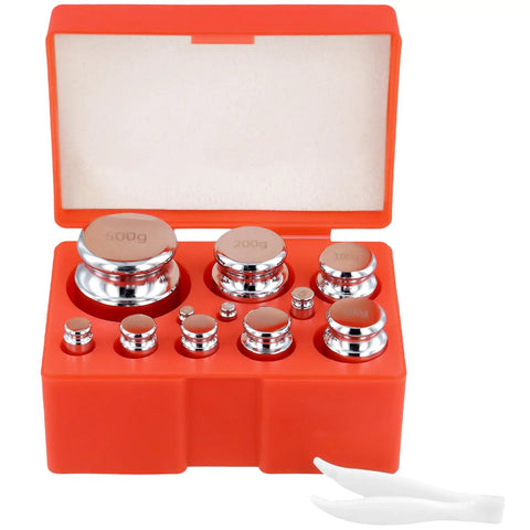 12 Piece Calibration Weights Set With Tweezers And Storage Box Pro Grade High Precision Steel Weights For Digital Scales Including 1g 2g 5g 10g 20g 50g 100g 200g 500g M1 Chrome Plated, in orange box with open lid