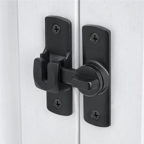 90 And 180 Degree Flip Barn Door Lock for Privacy and Security, adjustable latch hardware installed on a white door.