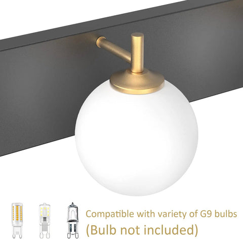 Close-up of the milky glass globe and gold pole on matte black base for Mid Century Modern Four Light Vanity Light With Milky Glass Globes Over Mirror Dope Vintage Style Bathroom Fixtures Featuring Gold Pole And Matte Black Base For Soft Uniform Illumination