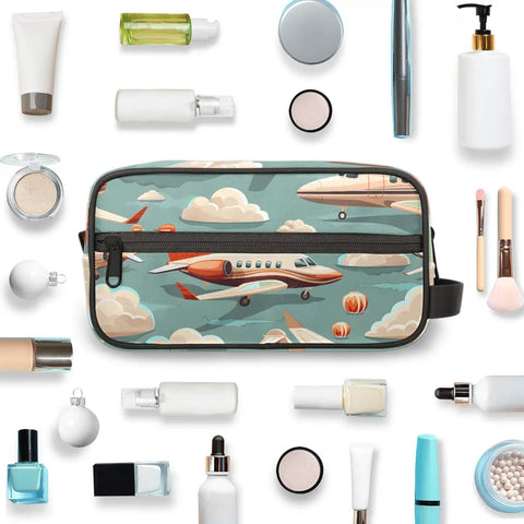 Cartoon Airplane Travel Toiletry Bag For Men With Hanging Kit, 10.5x4.4x5.3 inch, surrounded by toiletries, ideal for travel.