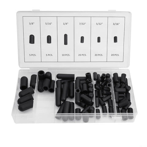 Cool Assorted Rubber Hose End Caps Kit With 80 Pieces For Carburetors And Engines Includes Six Classic Sizes From Five Thirty Seconds To Three Eighths Inch Fits Manifold Seals Perfect Fit black rubber caps in labeled organizer, 3/8 to 3/16 inch