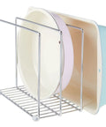 3 Slot Tray And Pan Rack For Kitchen Organization, Metal Wire Pantry Storage holding baking trays, silver finish, space-saving