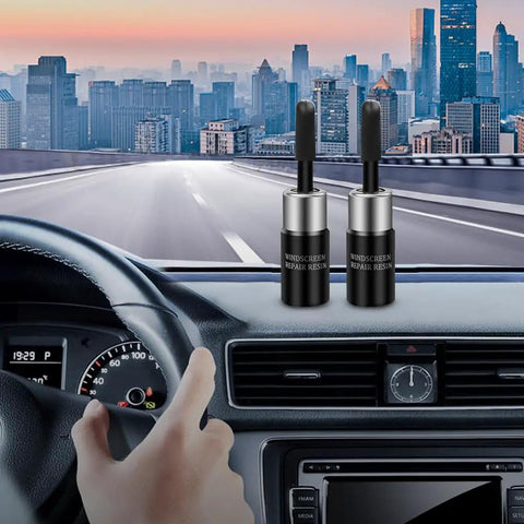 All In One Windshield Repair Kit For Chips And Cracks Glass Repair Liquid Included on car dashboard with city view