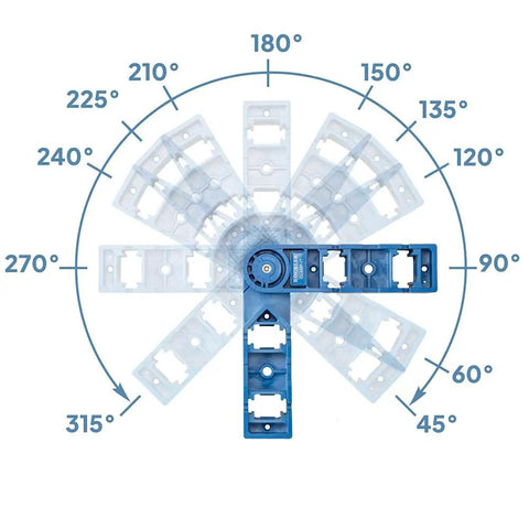 Versatile Adjustable Assembly Square Clamp For Woodworking From 45 To 315 Degrees shown with angle range chart.