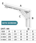 Dimensions of Four Pack Triangle Folding Brackets Built Tough Floating Shelf Support For Wall Mounted Benches And Tables Ideal Space Saving Hardware For Tools White 10 Inch