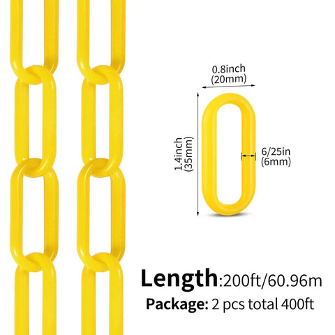 200 Ft Yellow Plastic Chain Barrier For Crowd Control And Event Decor, Heavy Duty Weatherproof UV Resistant Safety Links
