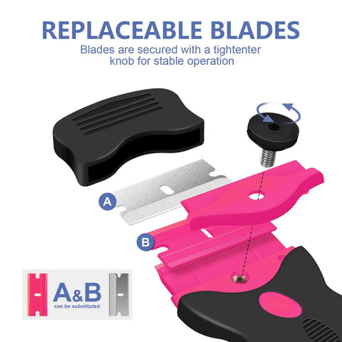 Two Pack Double Edged Razor Blade Scraper Tool Kit With 30 Blades showing replaceable blade mechanism in pink.