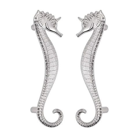 Seahorse Shaped Drawer Pulls Ocean Theme Marine Style Cabinet Hardware Zinc Alloy Coastal Metal Decorative Pulls for Dresser Chest Cabinet Cupboard and Closet in Durable Silver Finish showing two seahorse pulls