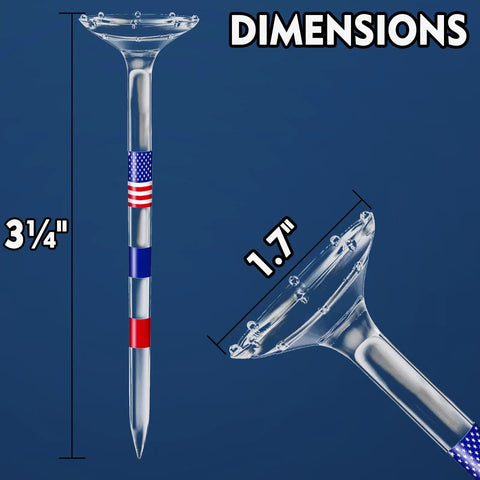 Unbreakable Plastic Golf Tees Three And A Quarter Inch Bulk Pack Of Fifty Or Eighty With USA Flag Design and Dimensions