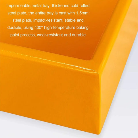 Close-up of yellow Leakproof Spill Containment Pallet With Drain For Garage And Warehouse Durable Metal Tray Size 125 By 65