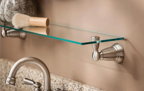 Banbury 22.75 Inch Glass Shelf in Brushed Nickel with Tempered Glass Spot Resist Finish above sink, includes mounting template