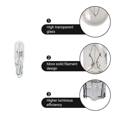 10 Pack T5 Car Wedge Light 12V 1.2W Mini Dashboard Bulbs details, transparent glass, solid filament, luminous efficiency