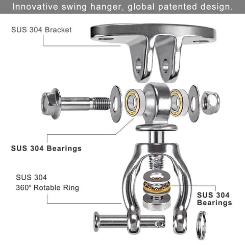 Beefed Up Hammock Chair Hanging Kit With Stainless Steel 304 Swing Hanger showing SUS 304 bracket and bearings