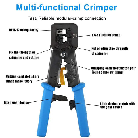 Pro Grade Pass Through RJ45 Crimp Tool For Cat5 Cat5e Cat6 Ethernet Cables, Heavy Duty Crimping Tool For RJ45 And RJ12 Connectors