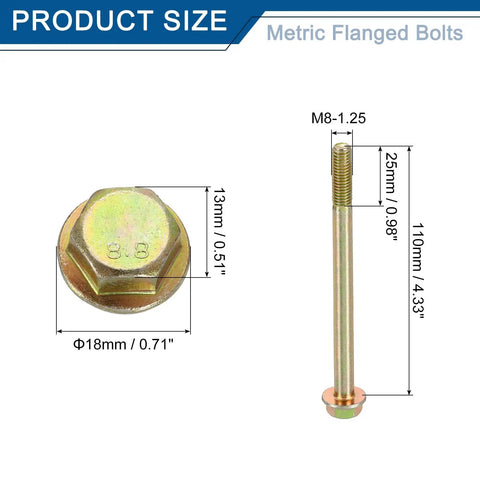 Top Shelf M8-1.25 Hex Flange Bolts Set Including Five Piece Zinc Plated Carbon Steel Fasteners With Partial Thread Design And Badass Grip Strength For Heavy Duty Garage Builds showing dimensions and details of hex flange bolt.