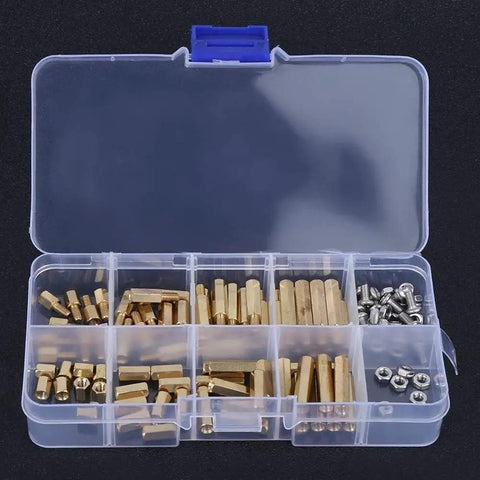 Heavy Duty Brass M3 Fastener Assortment Kit With Hex Socket Standoff Studs Flanged Bolts And Gasket Nuts in clear organizer box.