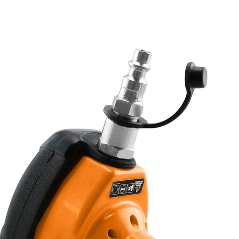 Close-up of air hose connection on palm sized pneumatic nailer for tight spaces drives 6D to 16D nails from two to three and a half