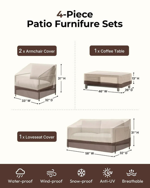 Diagram of 4 Piece Patio Furniture Cover Set Waterproof Outdoor Covers For Chairs Loveseat And Coffee Table Built To Last Tough As Nails Heavy Duty 600D Lawn Set Protectors All Weather Shield