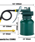 Oil can set: 2 green metal cans with 3 spouts, 9-inch flexible hose and 3-inch straight nozzle for lubricating machinery