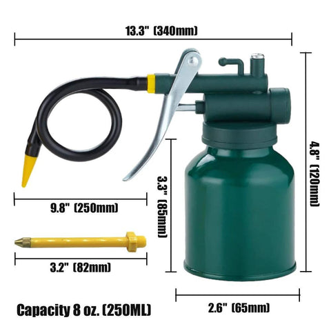 Oil can set: 2 green metal cans with 3 spouts, 9-inch flexible hose and 3-inch straight nozzle for lubricating machinery