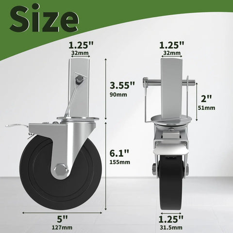 Premium Workhorse Five Inch Baker Scaffold Wheels Set Of Four With Square Stem And Dual Lock Brakes dimensions and design showing 5 inch and 1.25 inch sizes.
