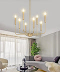 8 Light Modern Chandelier In Gold Finish Farmhouse Candle Style Hanging Light Fixture For Living Room And Dining Room, 26 Inch Diameter, Sleek Metal Frame With Mid Century Vibe, Elevates Any Space.