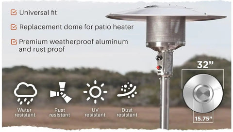 Premium Weatherproof Aluminum Round Reflector Shield For Patio Heaters 32 Inch Diameter with durability features diagram.