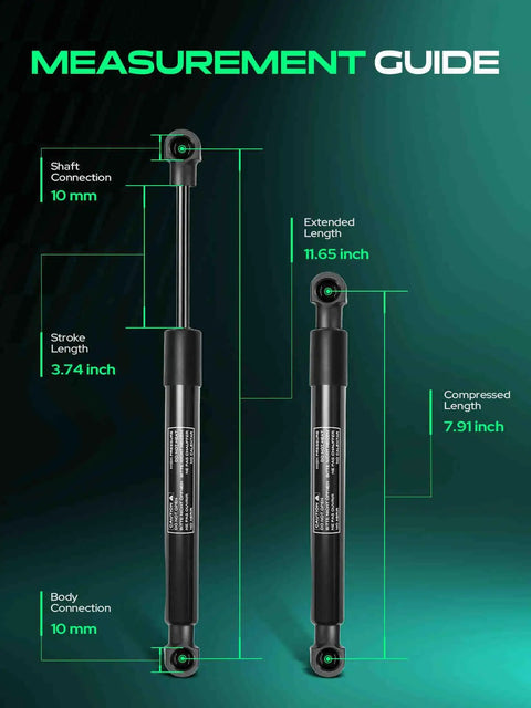 Measurement guide for Heavy Duty Rear Trunk Lid Gas Strut Lift Support For BMW Z4 2003 To 2008 with dimensions listed.
