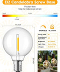 El2 candelabra screw base LED bulb with dimmable feature and warm white light, used in 2 Pack 25Ft Outdoor Globe String Lights.