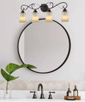 Traditional 31 Inch Four Light Vanity Light With Scrollwork Arms And Frosted Amber Glass Shades In Oil Rubbed Bronze Finish in bathroom