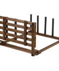 Rustic Burnt Wood Freestanding Surfboard Rack, 4 Foot Tall Vertical Stand For Indoor Storage, shown upside-down view.